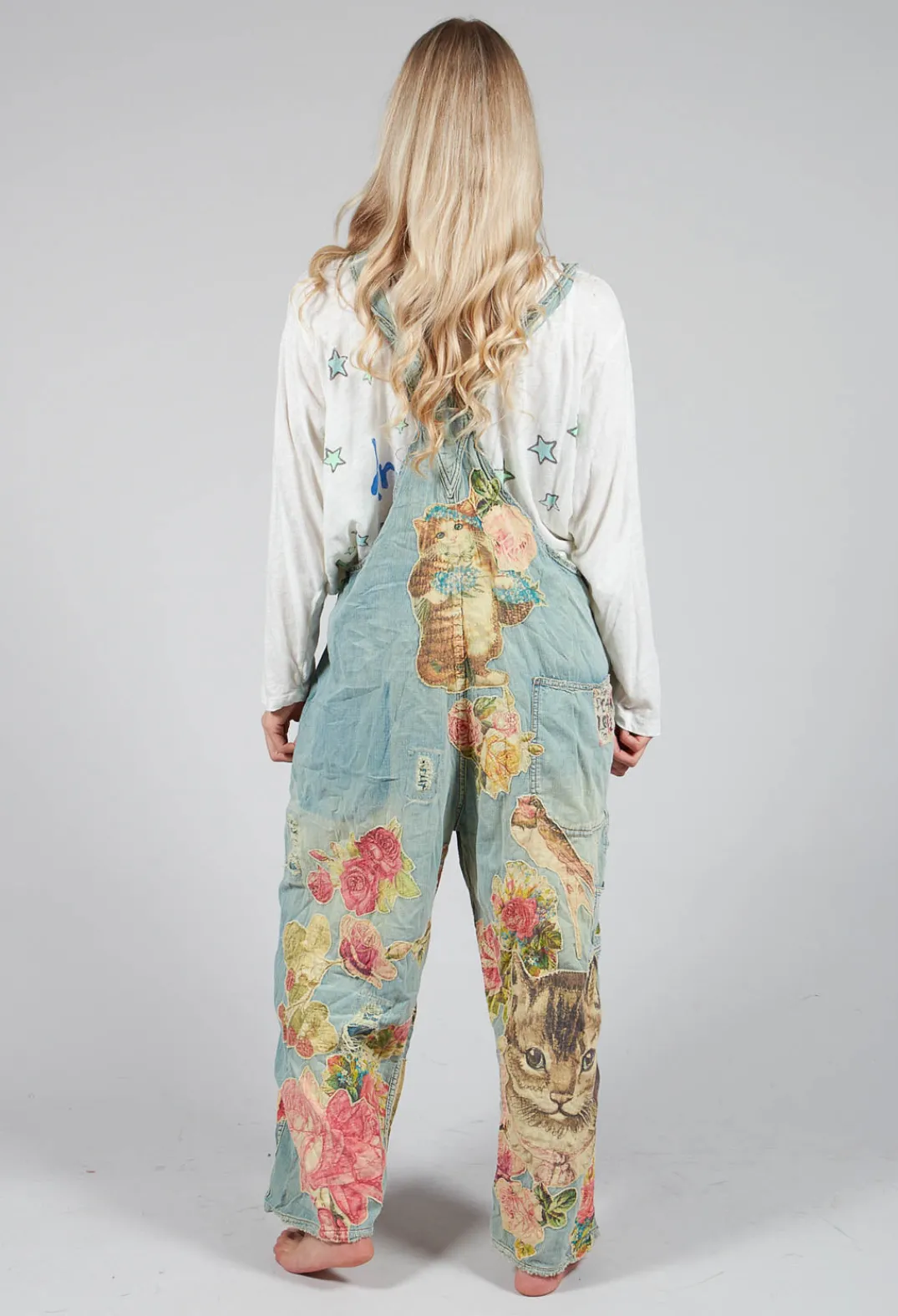 Magnolia Pearl Jumpsuits^Floral Applique Overalls in Washed Indigo