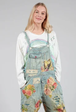 Magnolia Pearl Jumpsuits^Floral Applique Overalls in Washed Indigo