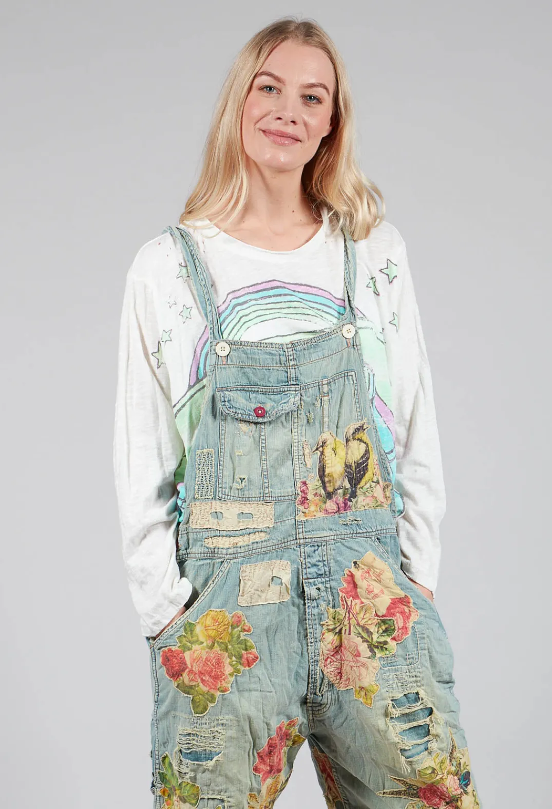 Magnolia Pearl Jumpsuits^Floral Applique Overalls in Washed Indigo