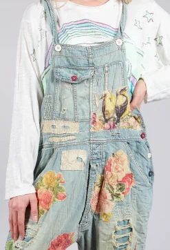 Magnolia Pearl Jumpsuits^Floral Applique Overalls in Washed Indigo