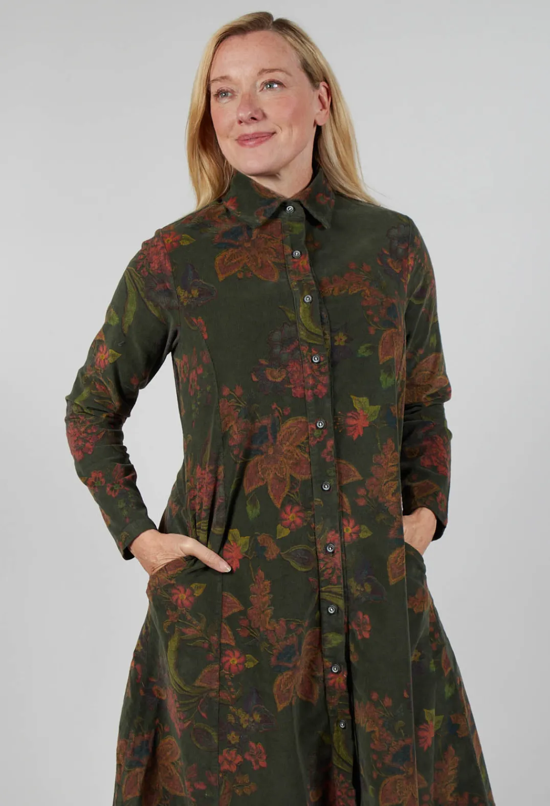 Blueberry Dresses^Floral Cord Shirt Dress in Moss