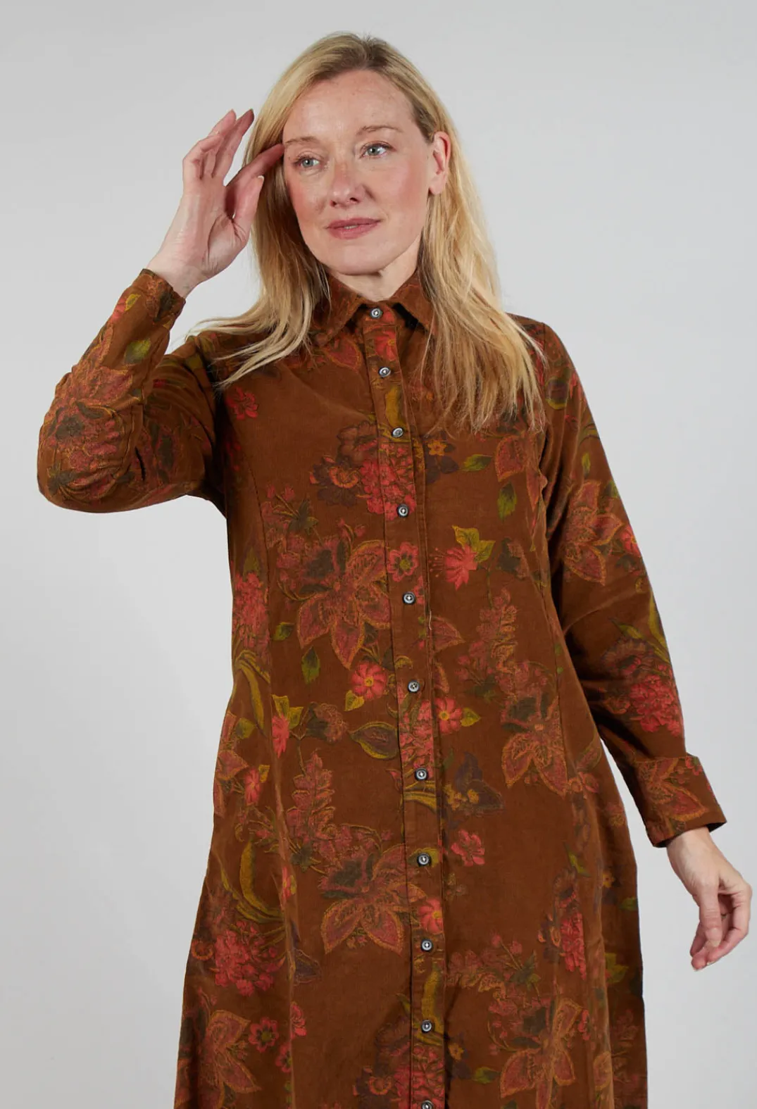 Blueberry Dresses^Floral Cord Shirt Dress in Tabacco