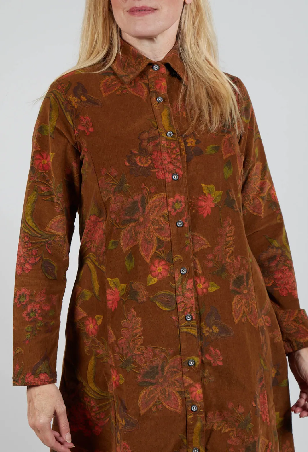 Blueberry Dresses^Floral Cord Shirt Dress in Tabacco