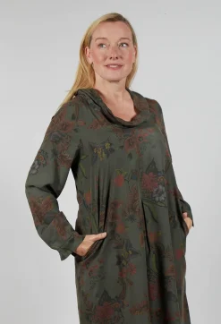 Blueberry Dresses^Floral Lyocell Cowl Neck Dress in Moss