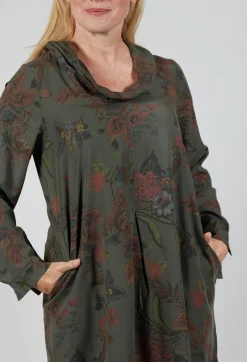 Blueberry Dresses^Floral Lyocell Cowl Neck Dress in Moss