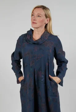 Blueberry Dresses^Floral Lyocell Cowl Neck Dress in Navy