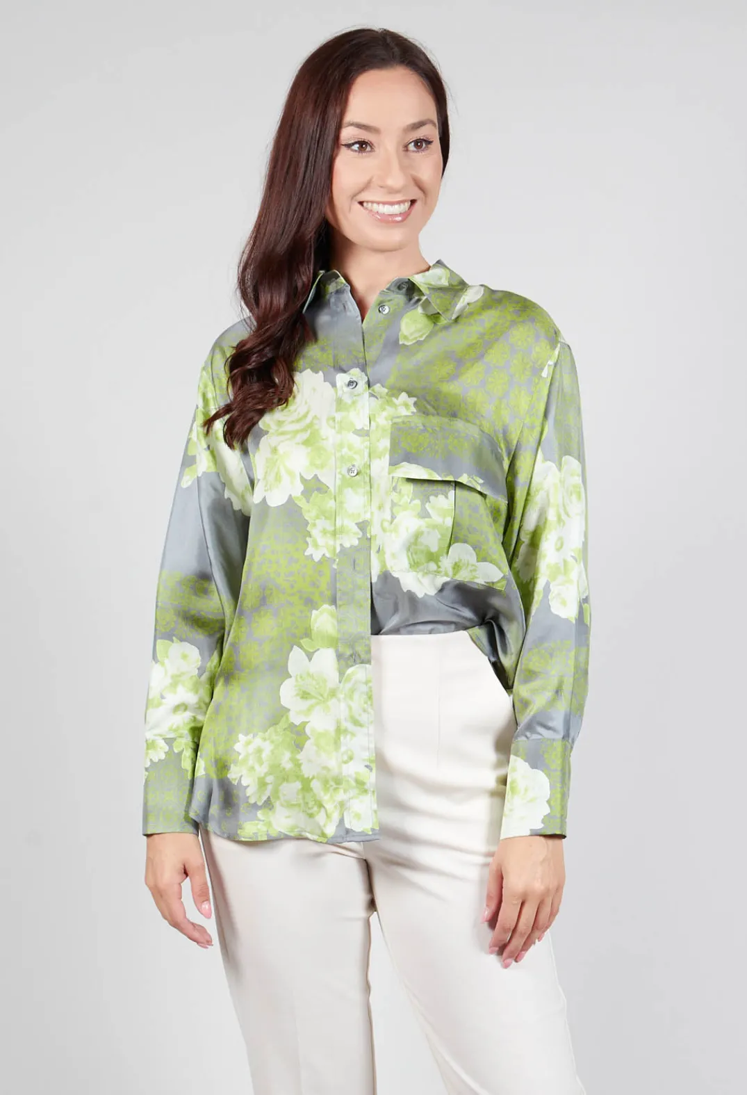 Beatrice B Shirts & Blouses^Garden Print Silk Blouse in Grey