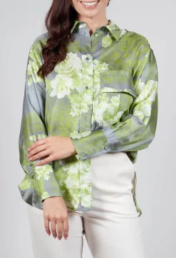 Beatrice B Shirts & Blouses^Garden Print Silk Blouse in Grey