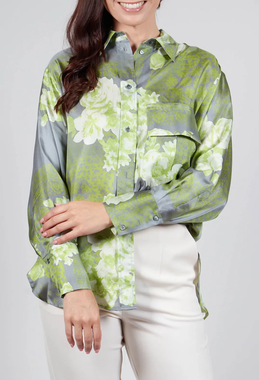 Beatrice B Shirts & Blouses^Garden Print Silk Blouse in Grey