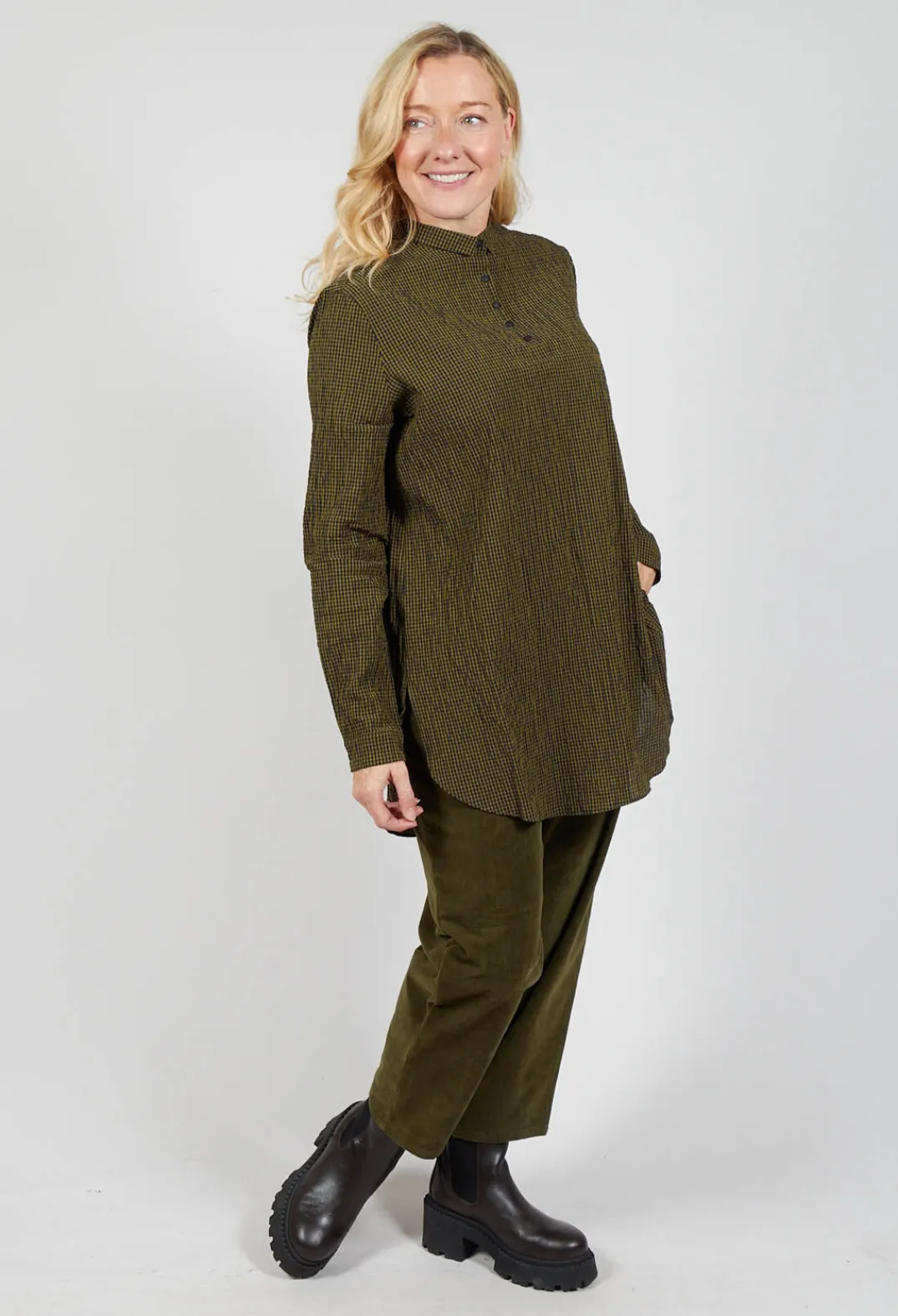 Apuntob Shirts & Blouses^Gingham 3/4 Button Up Shirt in Military Black