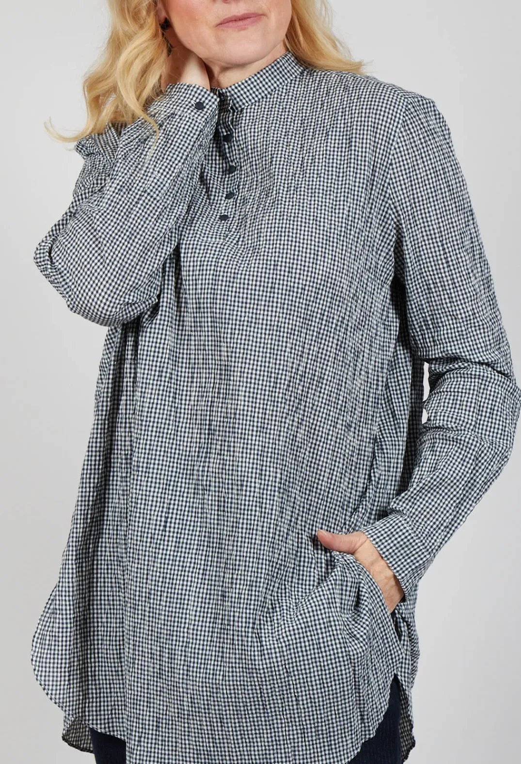 Apuntob Shirts & Blouses^Gingham 3/4 Button Up Shirt in Natural Night