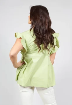 Beatrice B Shirts & Blouses^Green V Neck Shirt with Flounce Sleeves