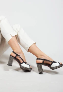 Chie Mihara Heels^Heeled Sandal with Contrasting Detail in Black and White