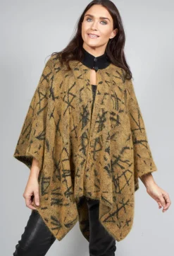 Sarah Pacini Jackets^High Button Neck Poncho with Black Pattern Detail in Mustard