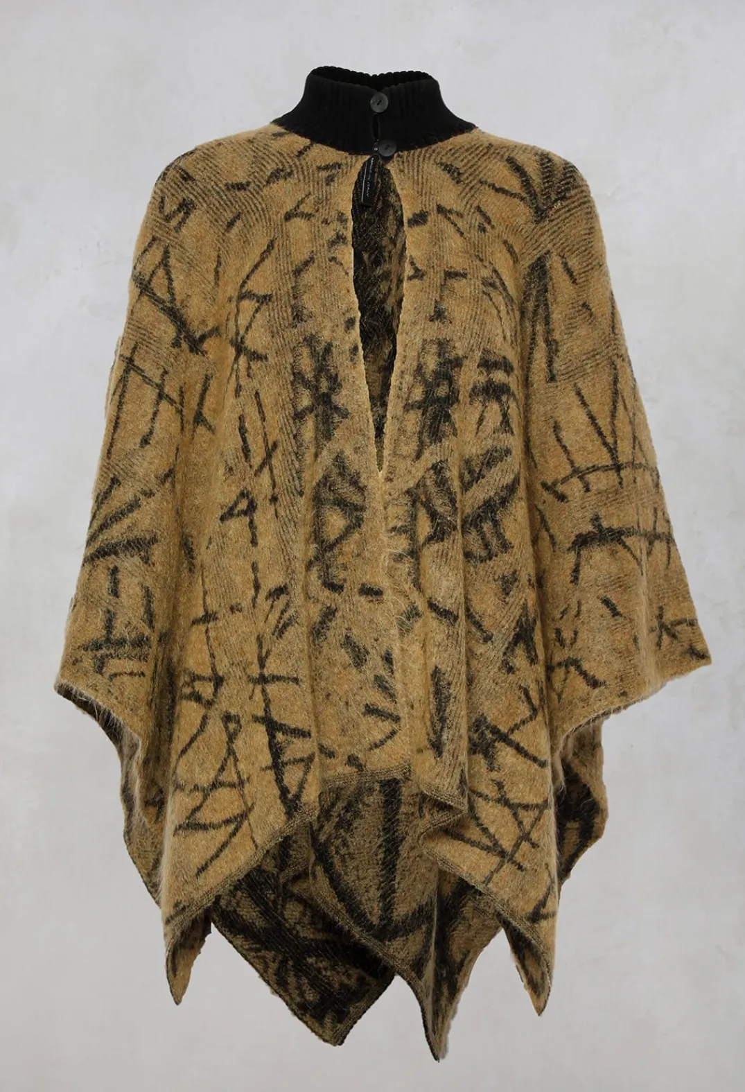 Sarah Pacini Jackets^High Button Neck Poncho with Black Pattern Detail in Mustard