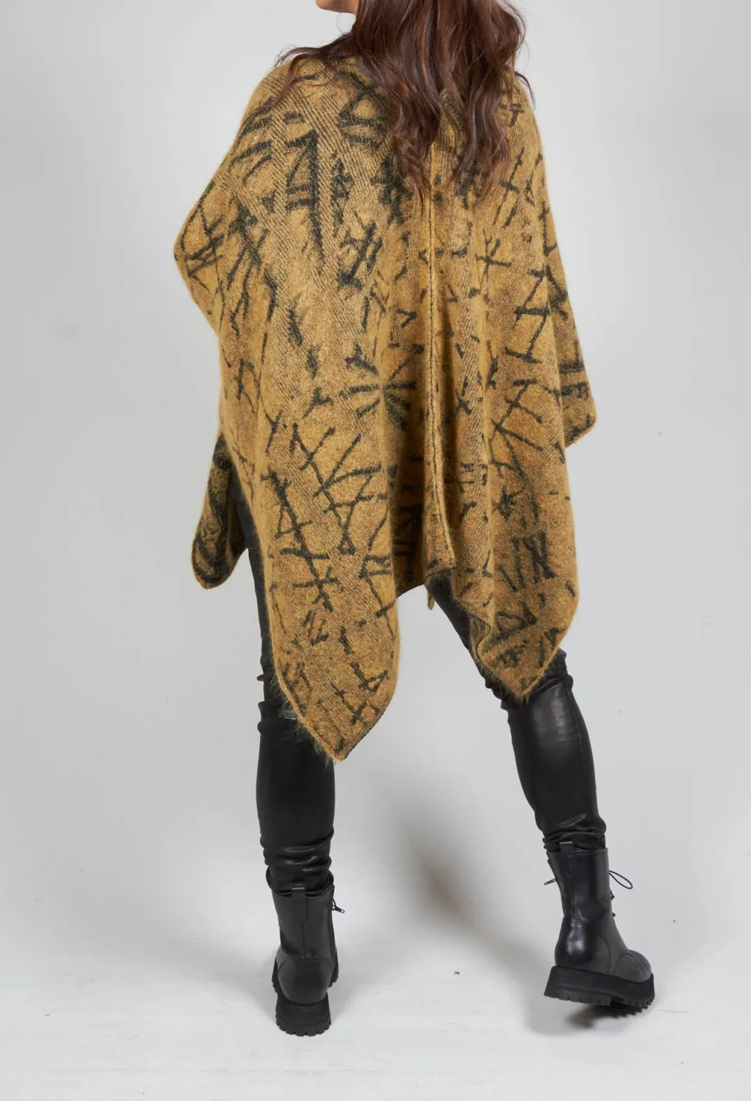 Sarah Pacini Jackets^High Button Neck Poncho with Black Pattern Detail in Mustard