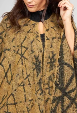 Sarah Pacini Jackets^High Button Neck Poncho with Black Pattern Detail in Mustard