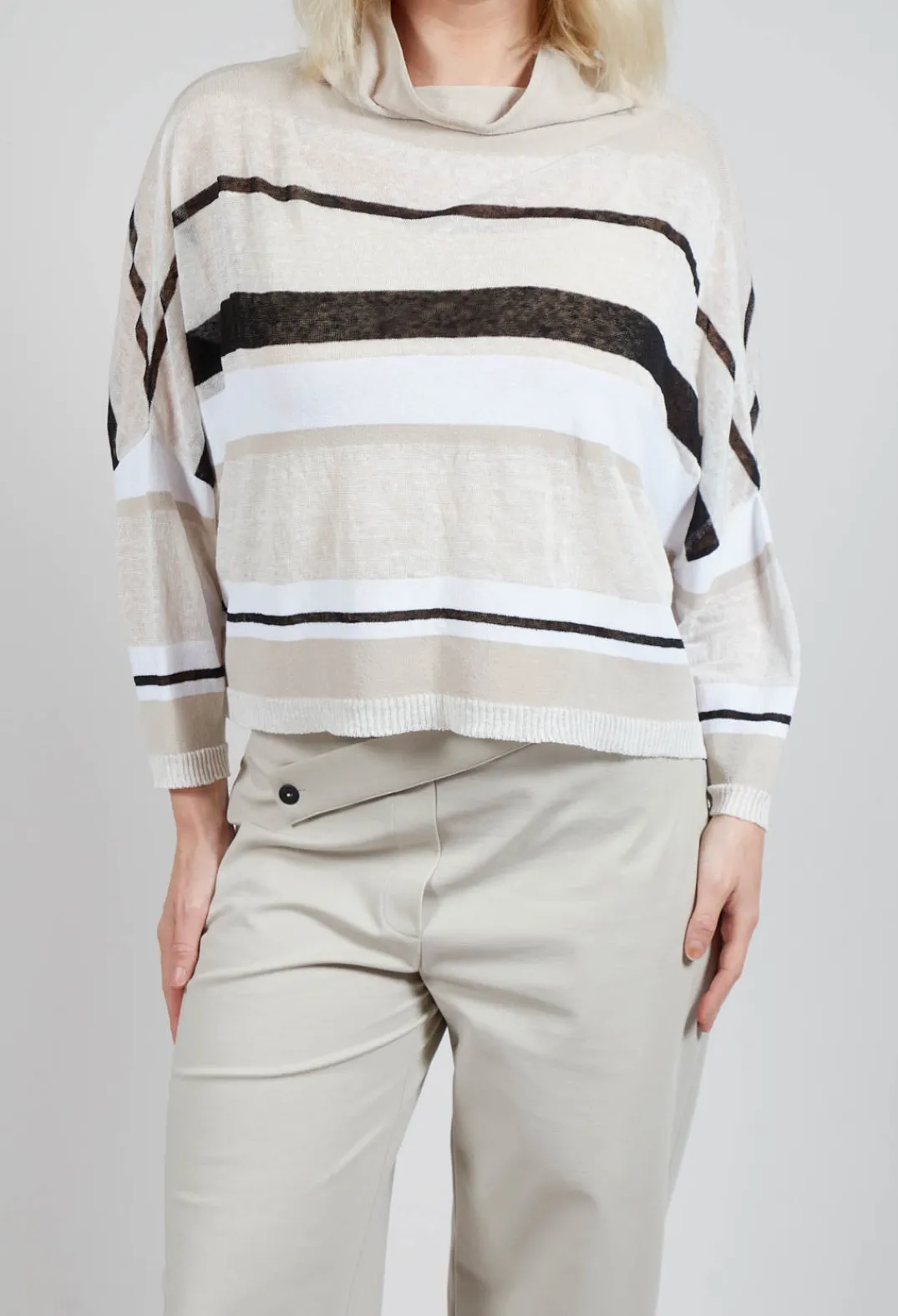 Sarah Pacini Jumpers^High Neck Knitted Top in Beige Stripe