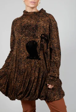 Rundholz Black Label Tops^High Neck Top with Bubble Hem in Bronze Flock Print