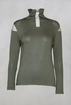Nijii Shirts & Blouses^High Neck Top with Sheer Inserts in Khaki