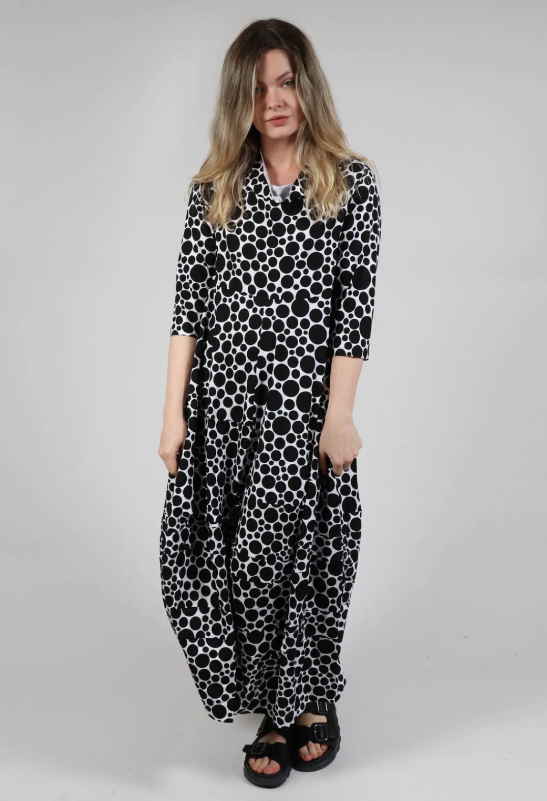 Bread and Butter Dresses^High-Neck Jersey Dress in White with Black Pois