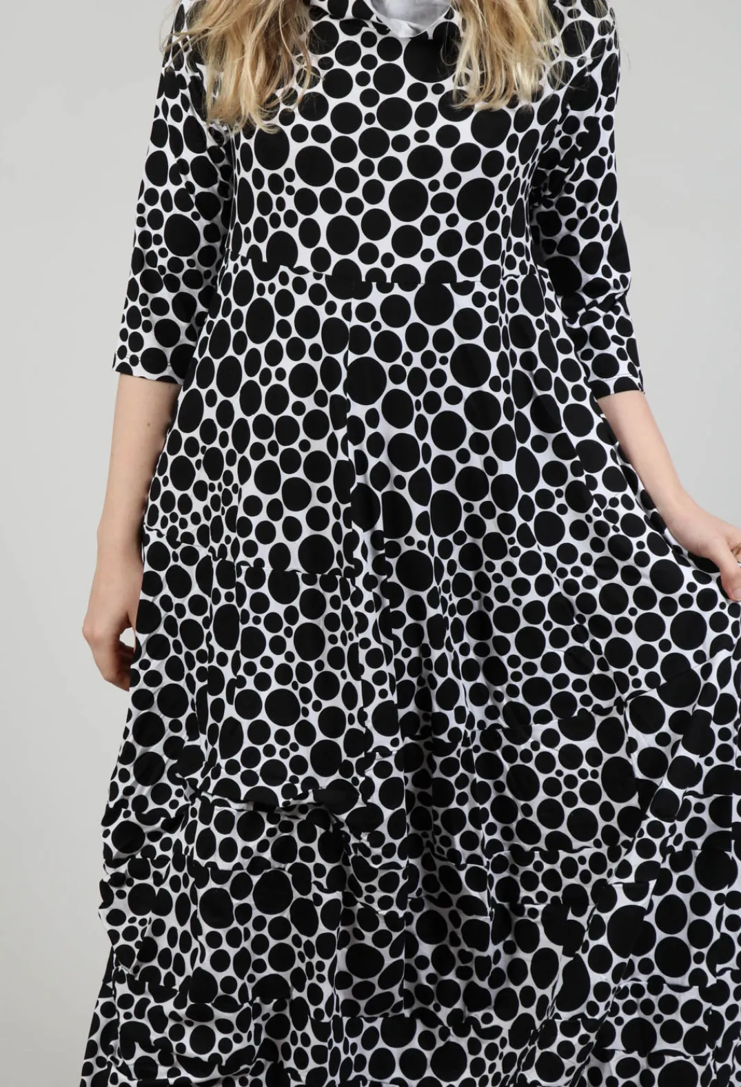 Bread and Butter Dresses^High-Neck Jersey Dress in White with Black Pois