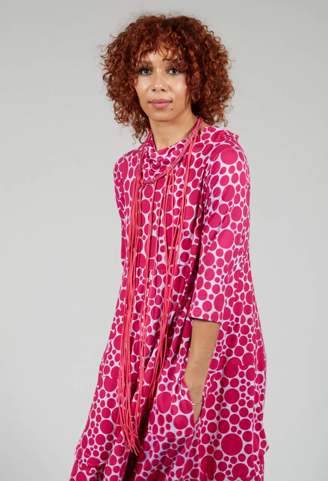 Bread and Butter Dresses^High-Neck Jersey Dress in Lilac with Fuschia Pois