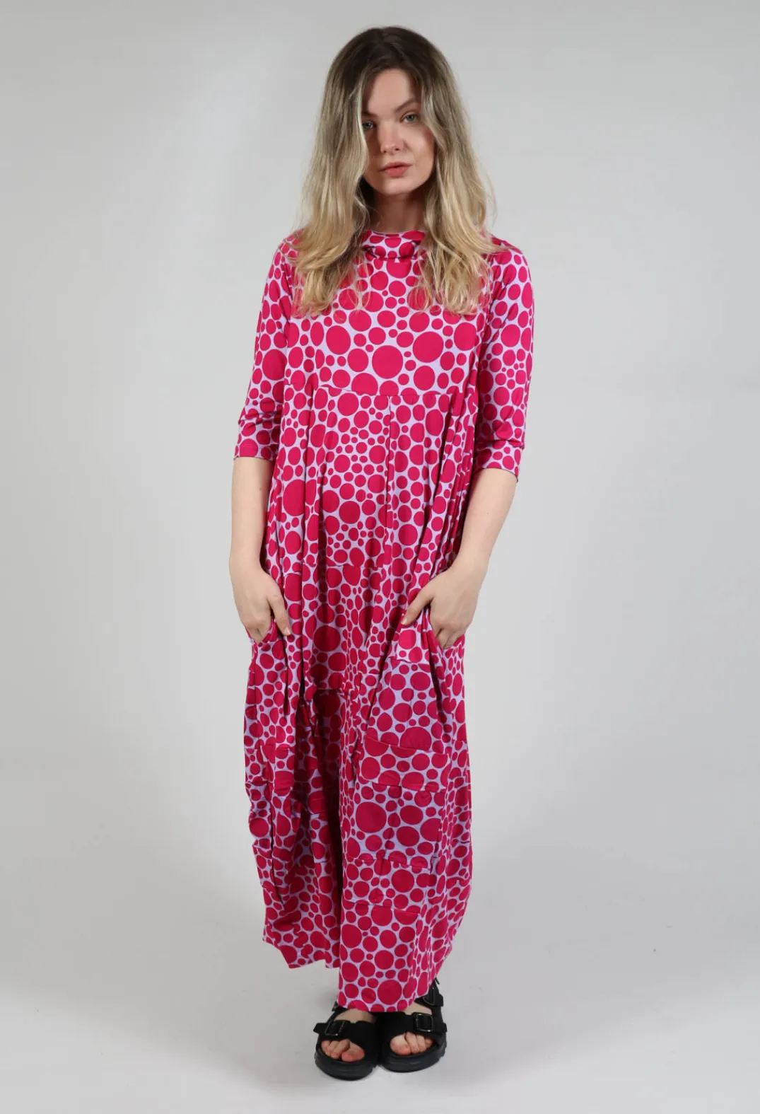 Bread and Butter Dresses^High-Neck Jersey Dress in Lilac with Fuschia Pois