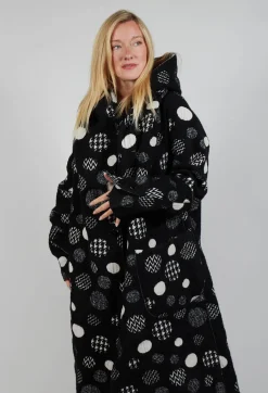 Bread and Butter Coats^Hooded Oversized Fit Coat in Black with White Pois
