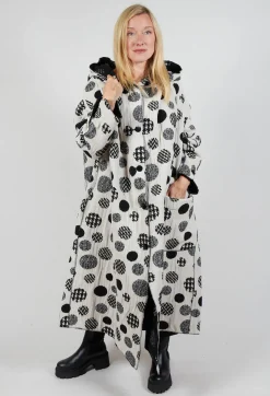 Bread and Butter Coats^Hooded Oversized Fit Coat in White with Black Pois