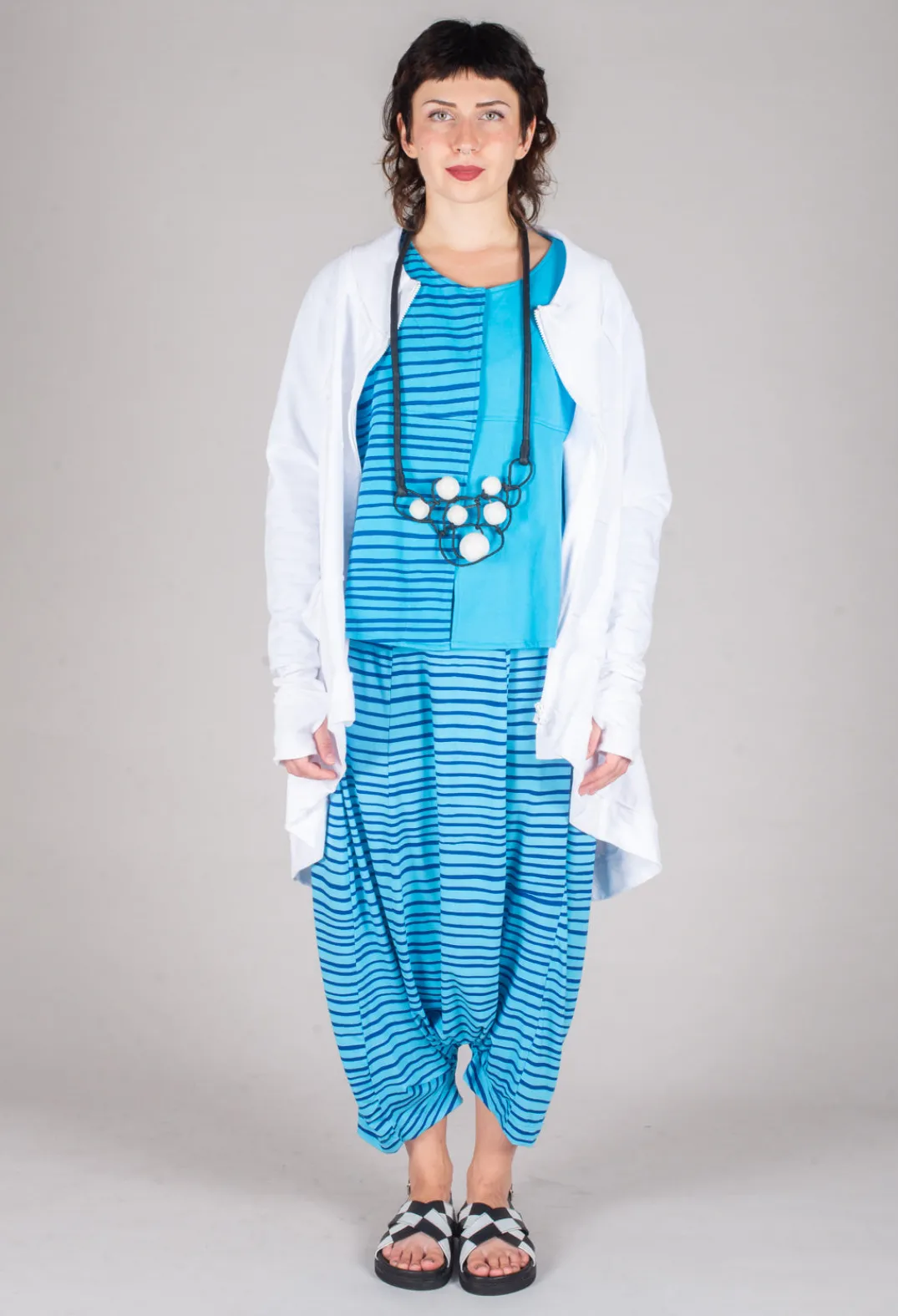 Bread and Butter Trousers^Jersey Drop-Crotch Trousers in Turquoise with Blue Lines