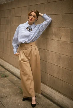 Mei Meij Trousers^Jersey Wide Leg Trousers with Belt in Camel