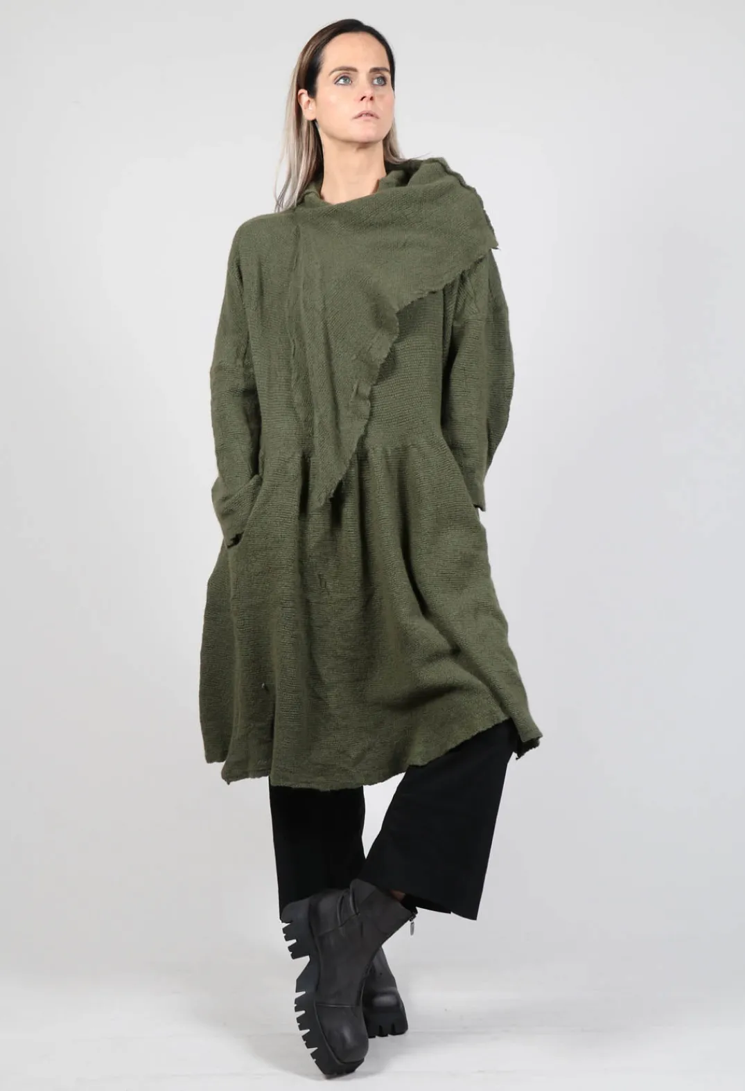 Rundholz Dip Knitwear^Jumper Dress with Ascot Neck Detail in Olive