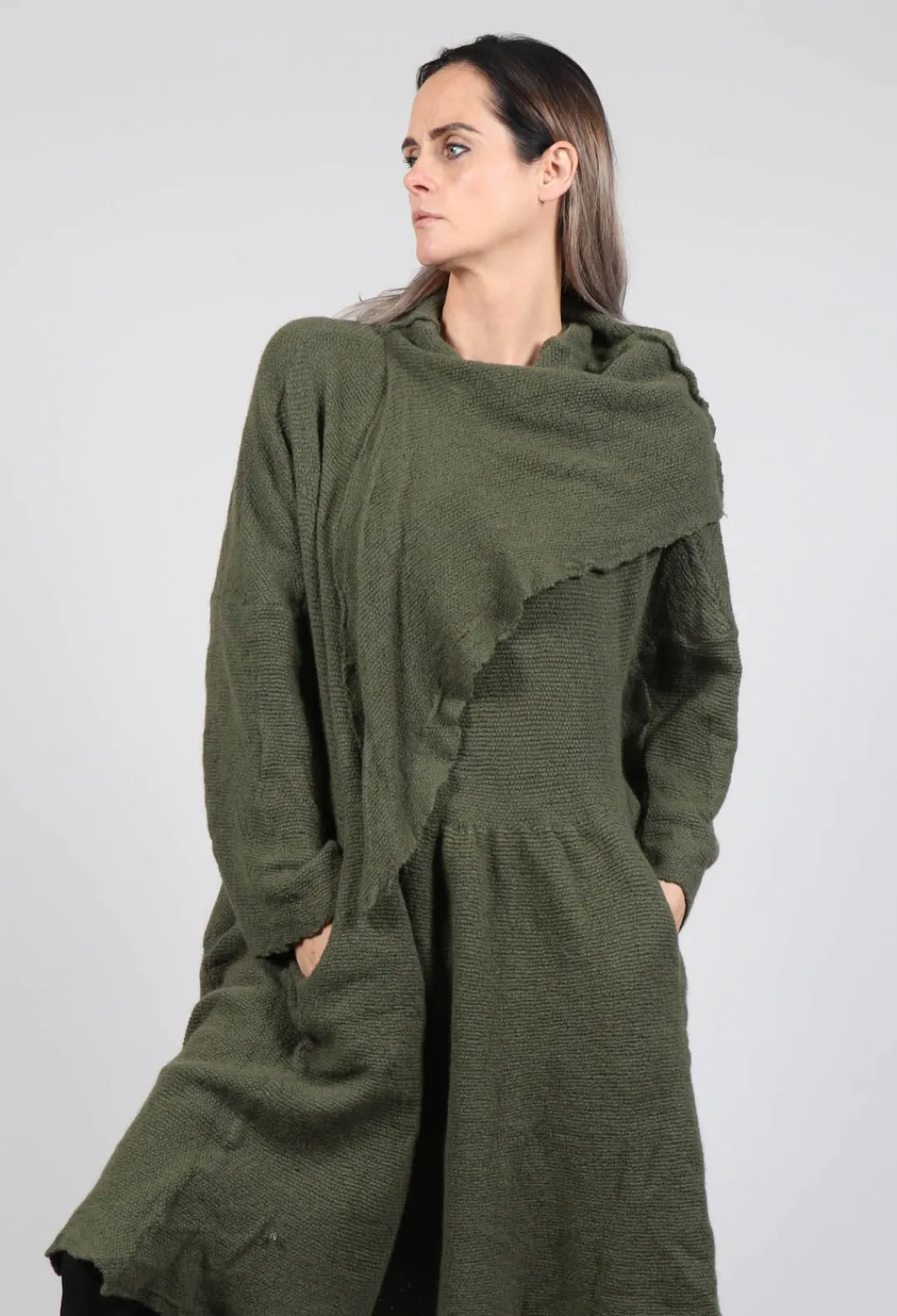 Rundholz Dip Knitwear^Jumper Dress with Ascot Neck Detail in Olive