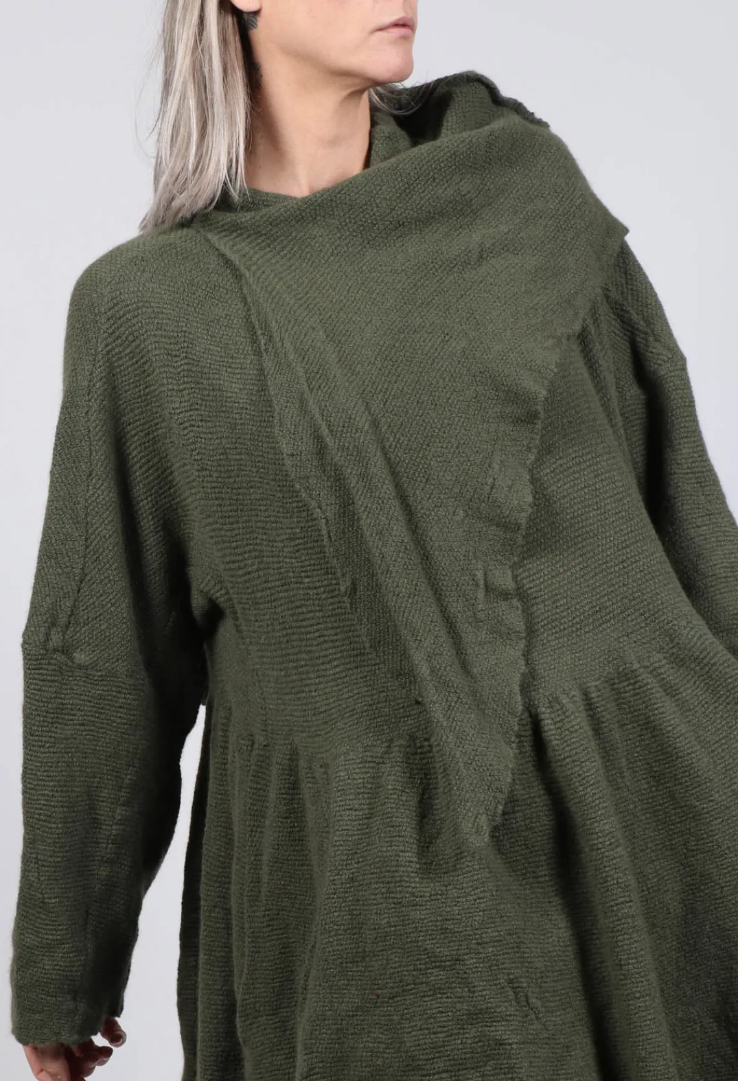 Rundholz Dip Knitwear^Jumper Dress with Ascot Neck Detail in Olive