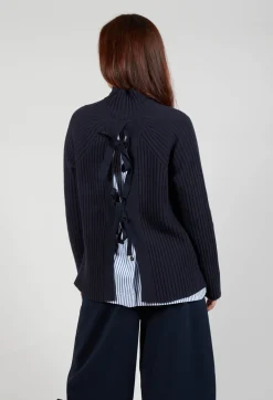 Mei Meij Tops^Jumper with Striped Underlay in Dark Navy and Off White