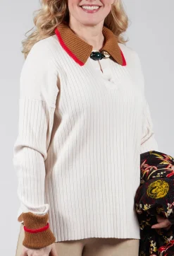 Beatrice B Jumpers^Knitted Collar V Neck Loose Fit Jumper in Biege