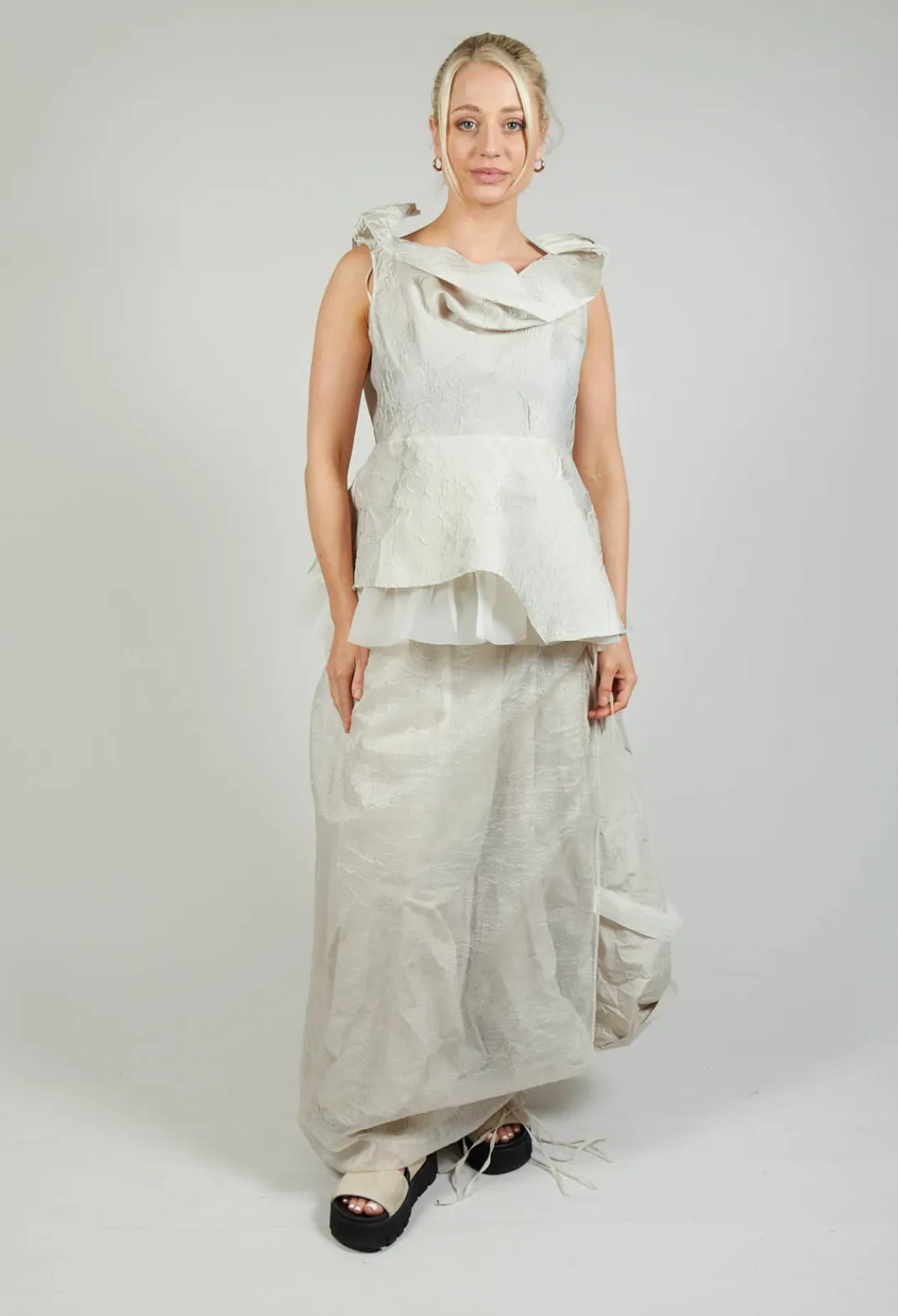 Bize Tops^Lace Cowl Neckline Top in Grey