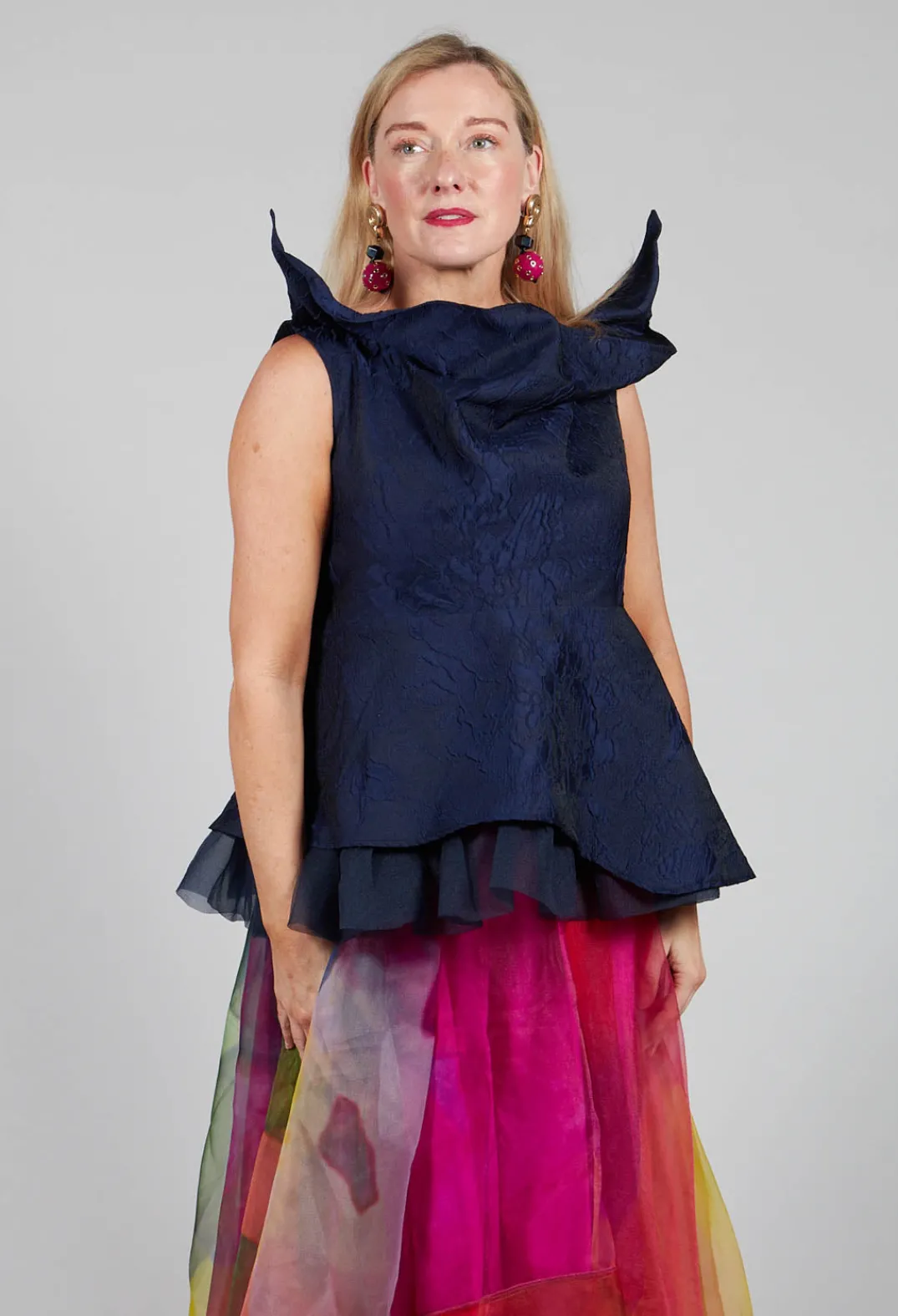Bize Tops^Lace Cowl Neckline Top in Blue