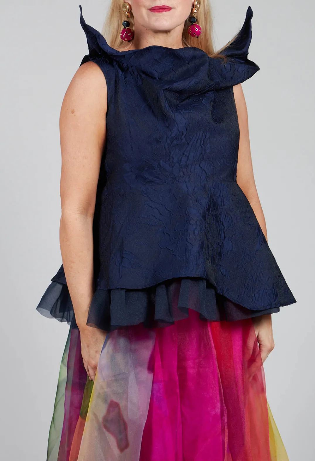 Bize Tops^Lace Cowl Neckline Top in Blue