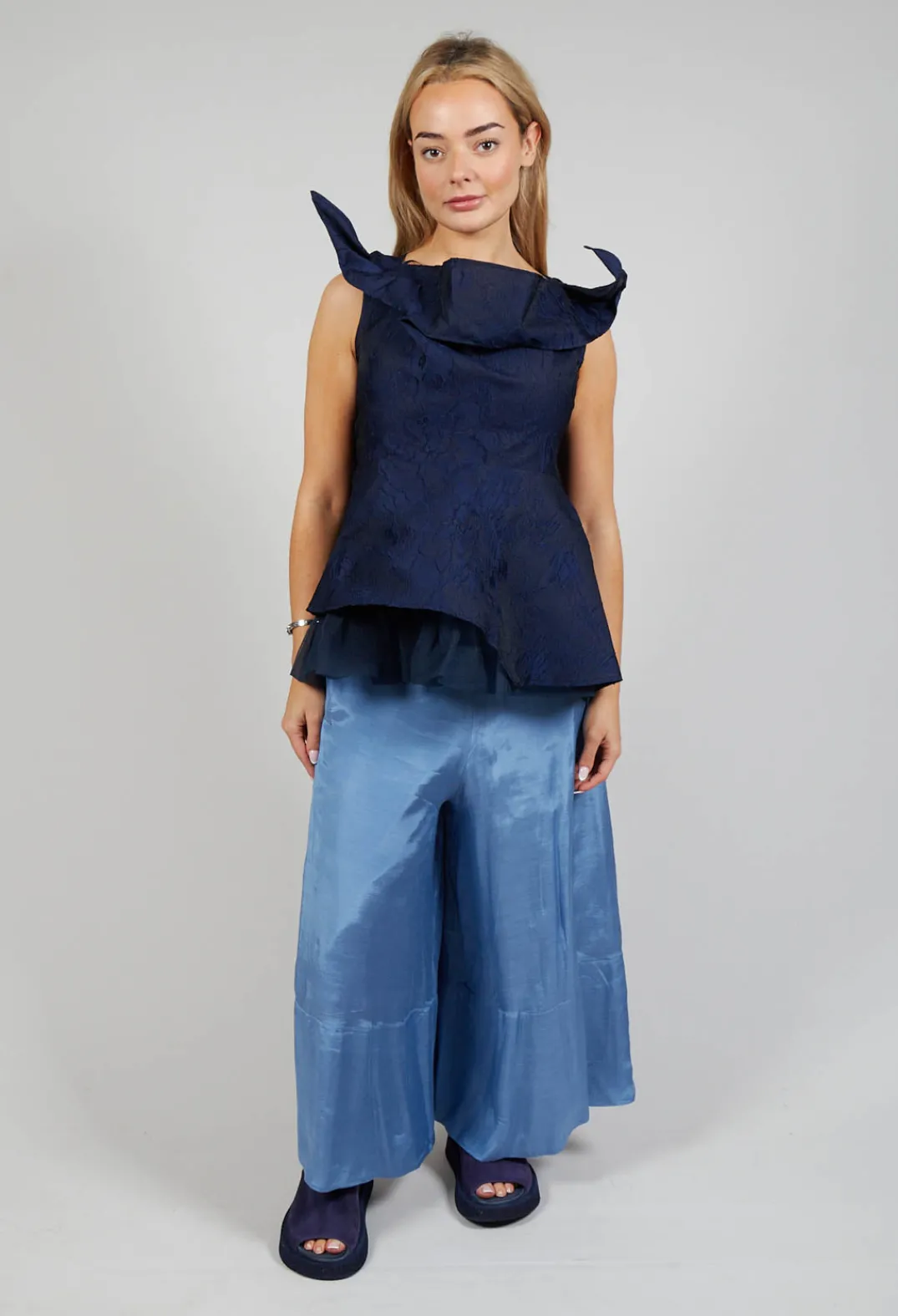 Bize Tops^Lace Cowl Neckline Top in Blue