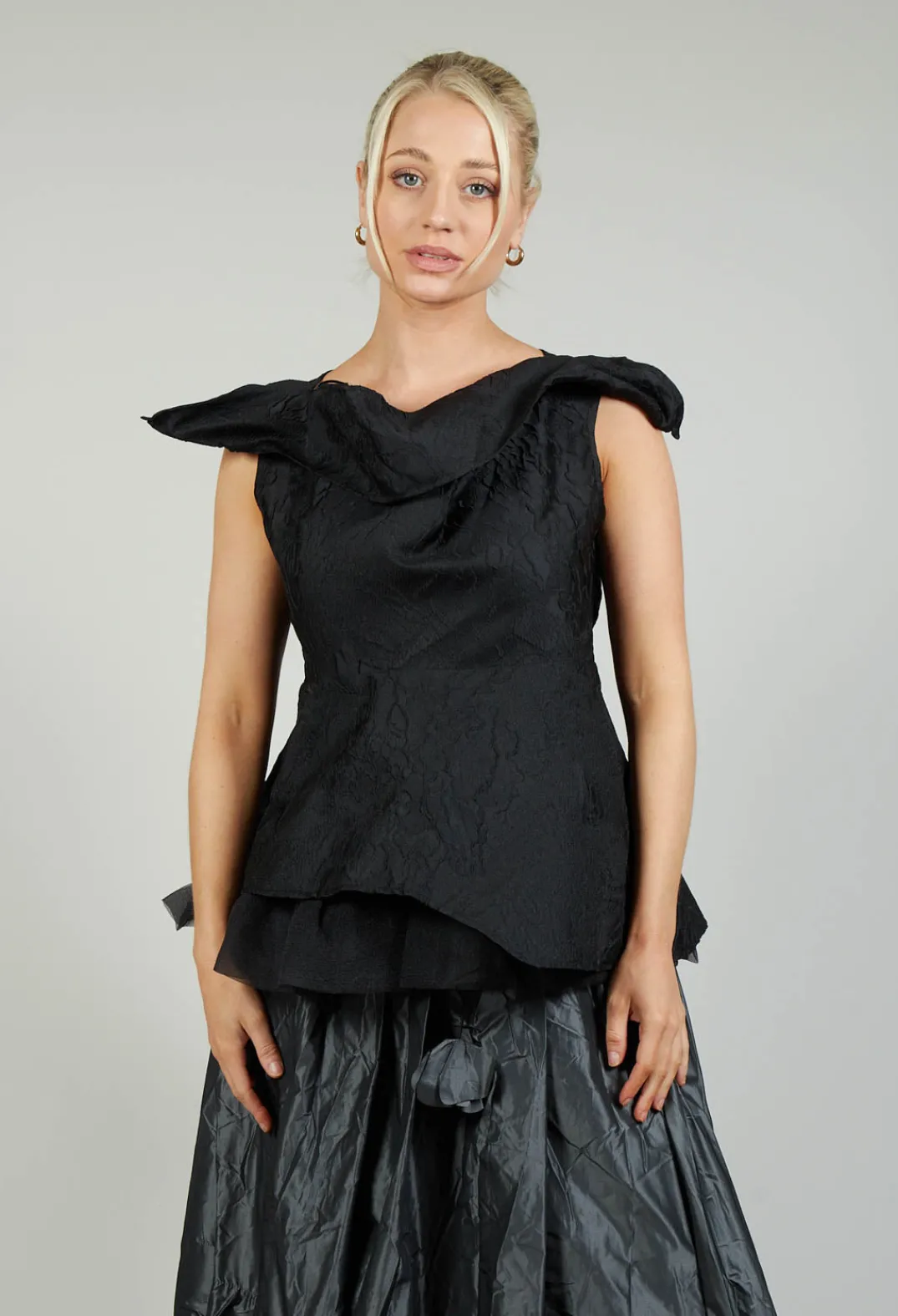 Bize Tops^Lace Cowl Neckline Top in Black