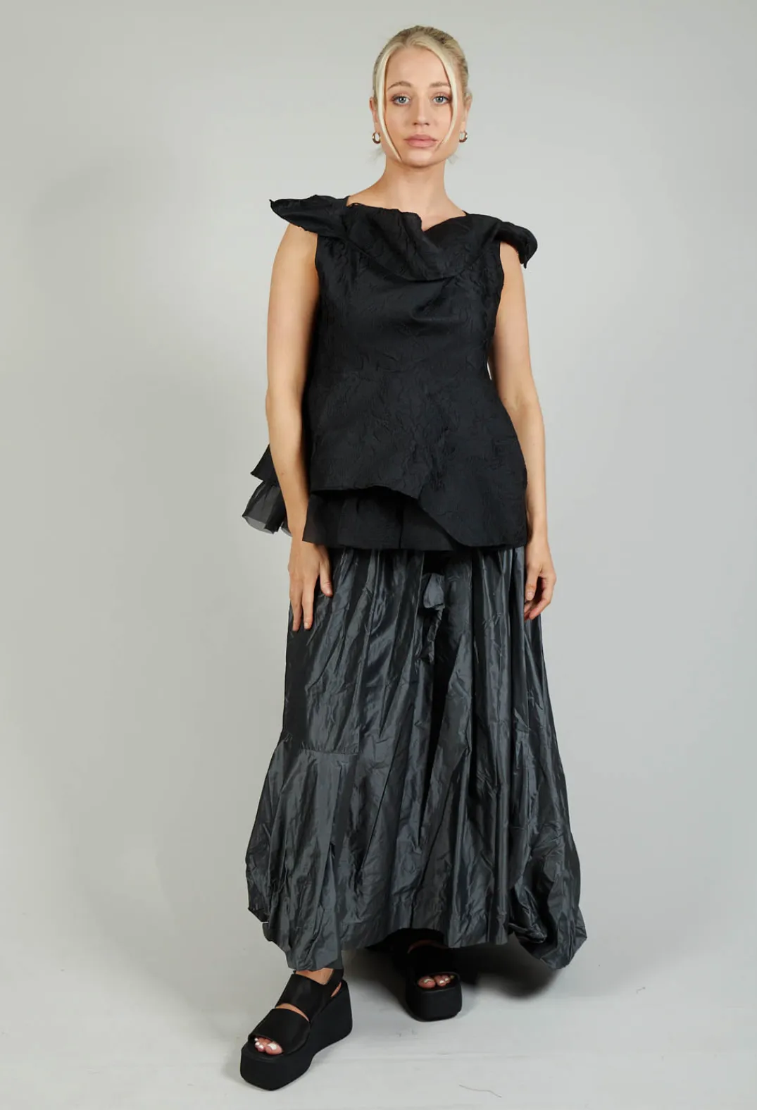 Bize Tops^Lace Cowl Neckline Top in Black