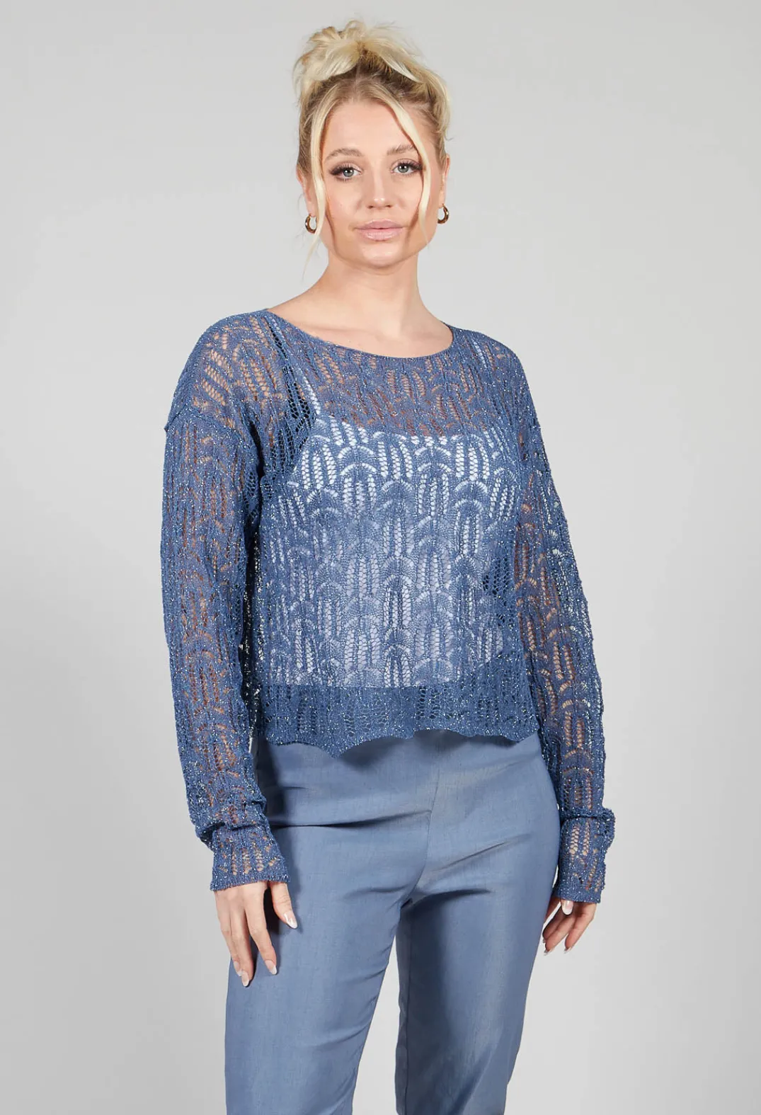 Sarah Pacini Jumpers^Lace Round-Neck Jumper in Steel Blue