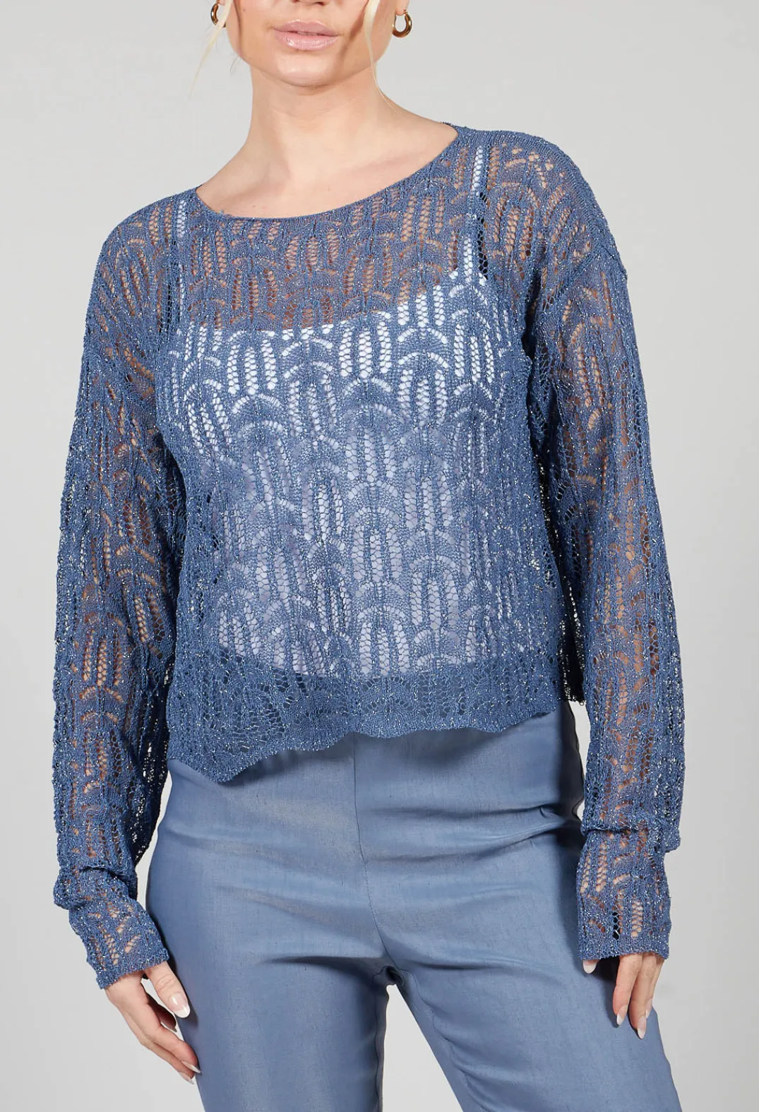 Sarah Pacini Jumpers^Lace Round-Neck Jumper in Steel Blue