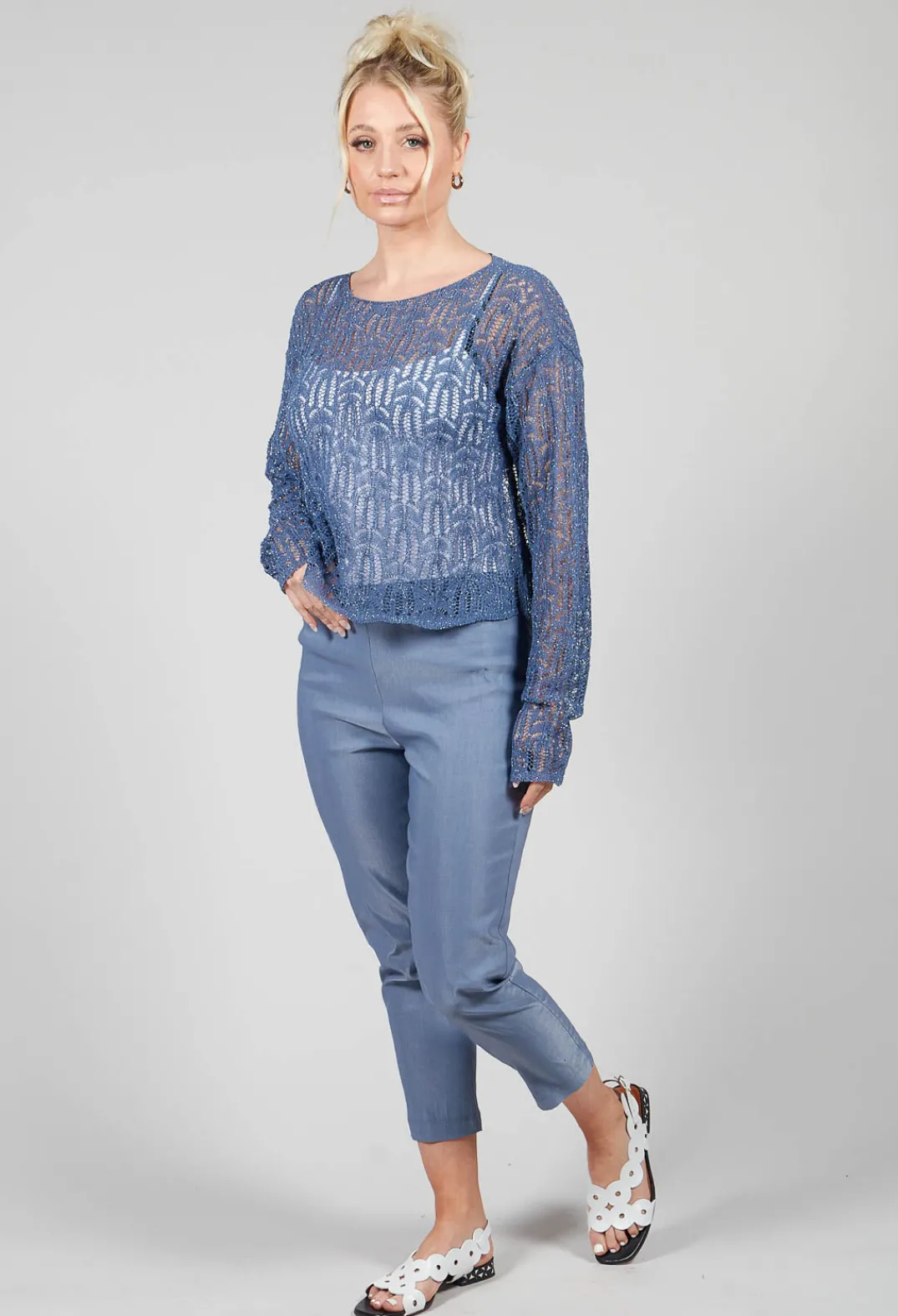 Sarah Pacini Jumpers^Lace Round-Neck Jumper in Steel Blue