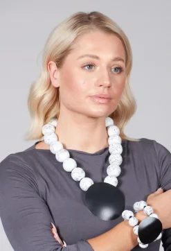 Katerina Vassou Necklaces^Large Beaded Necklace with Black Pendant in White