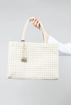 Anokhi Bags^Large Tote Bag with Dogtooth Print in Off White and Sand