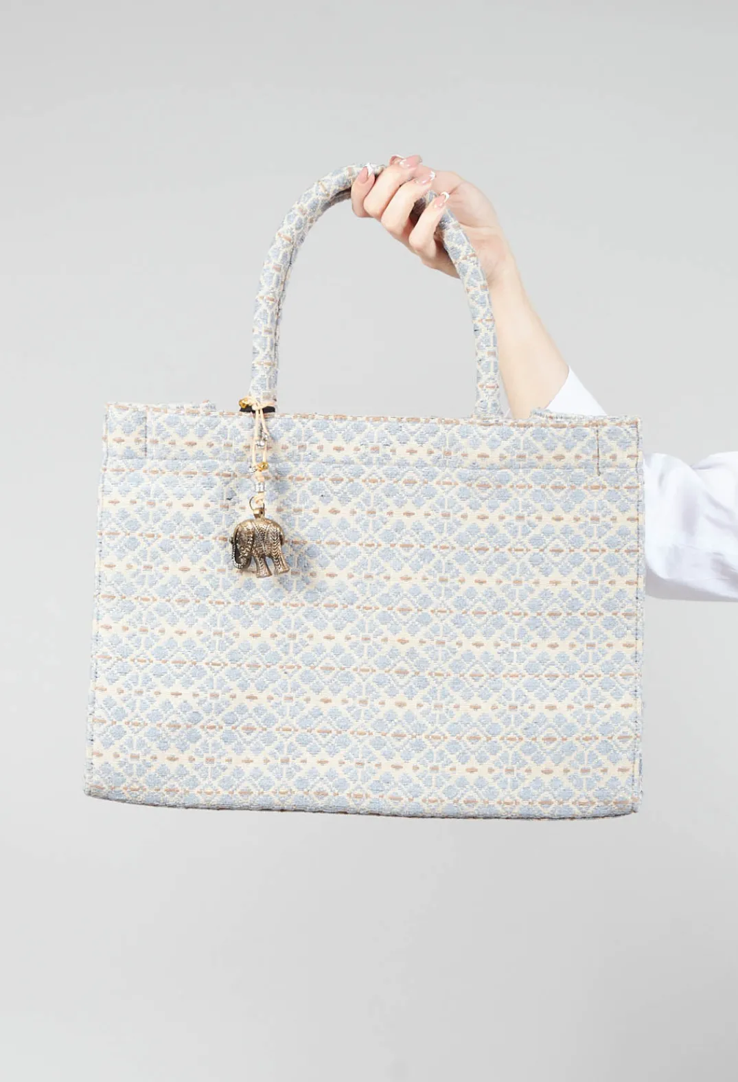 Anokhi Bags^Large Tote Bag with Flower Print in Steel Grey