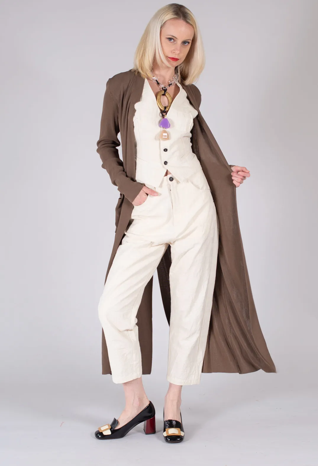 Isabel Benenato Cardigans^Long Knit Cardigan in Soil